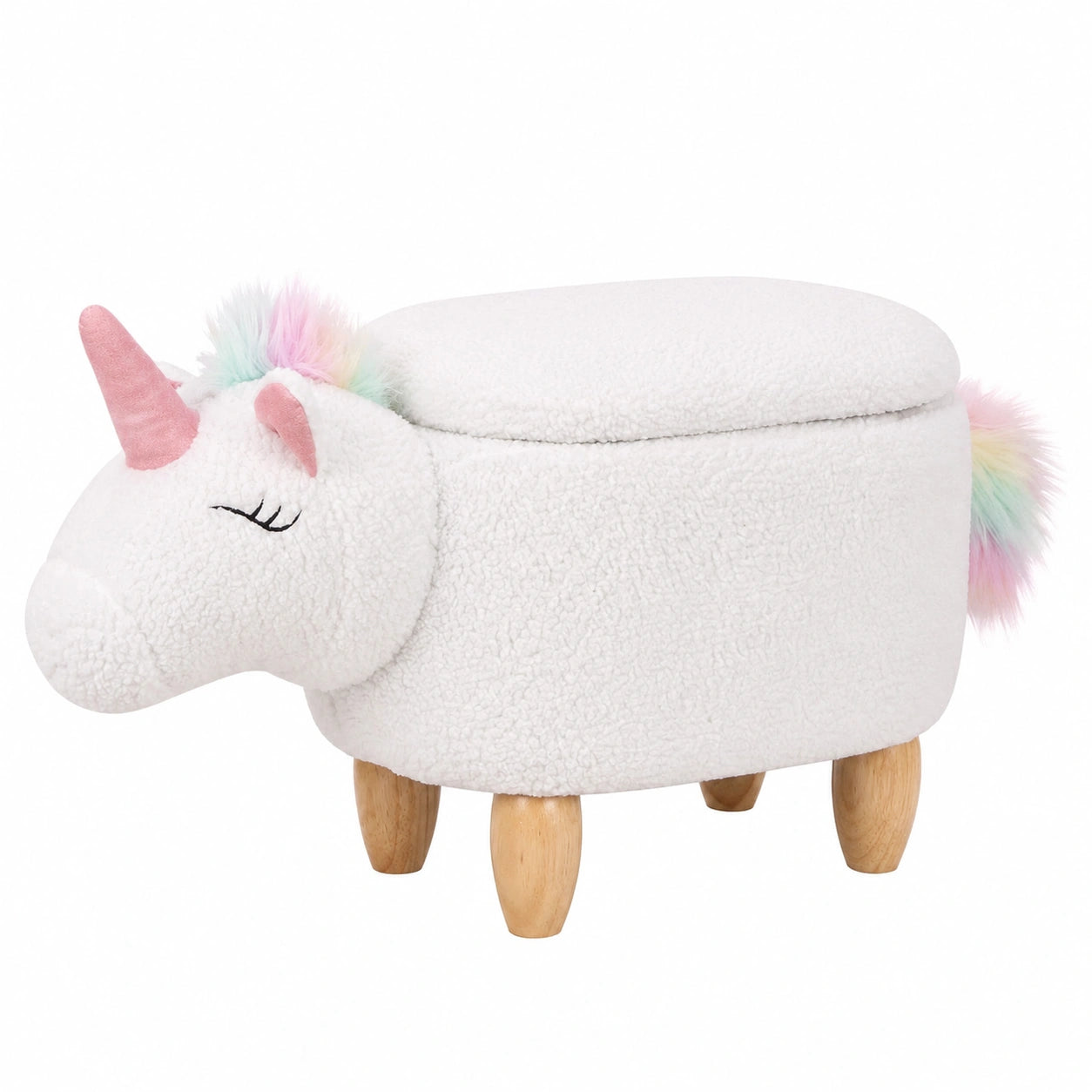 Einhorn-Hocker mit Stauraum für Kinderzimmer - Plüschbezug und Holzbeine