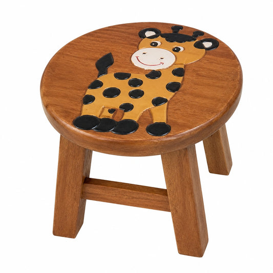 Massiver Holz-Kinderhocker mit handgeschnitztem Giraffenmotiv