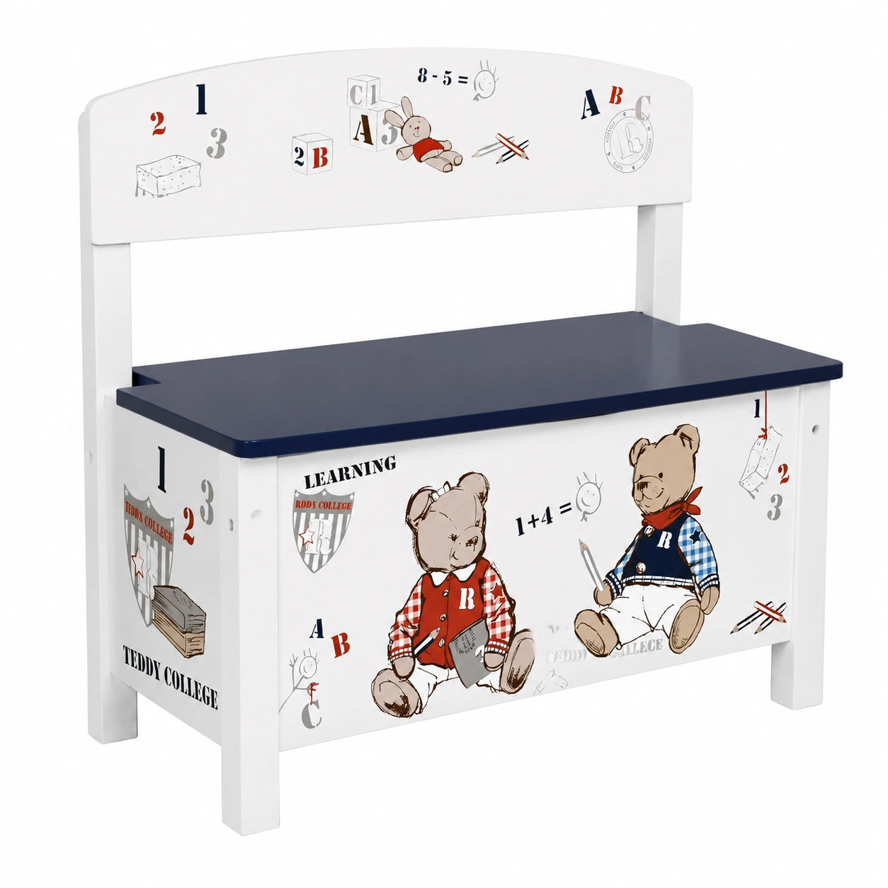 roba Spielzeugtruhe und Sitzbank für Kinder, Kindermöbel zum Sitzen und Aufbewahren, Design 'Teddy College', weiß
