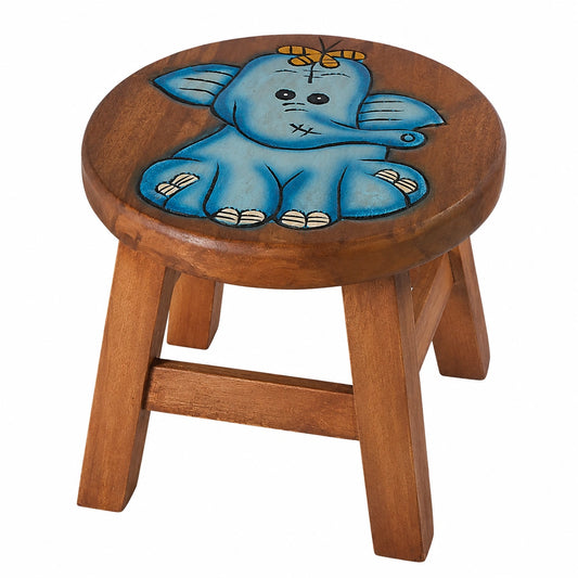 Kinder Holzschemel mit Blauem Elefantenmotiv, Massivholz, Vielseitig einsetzbar