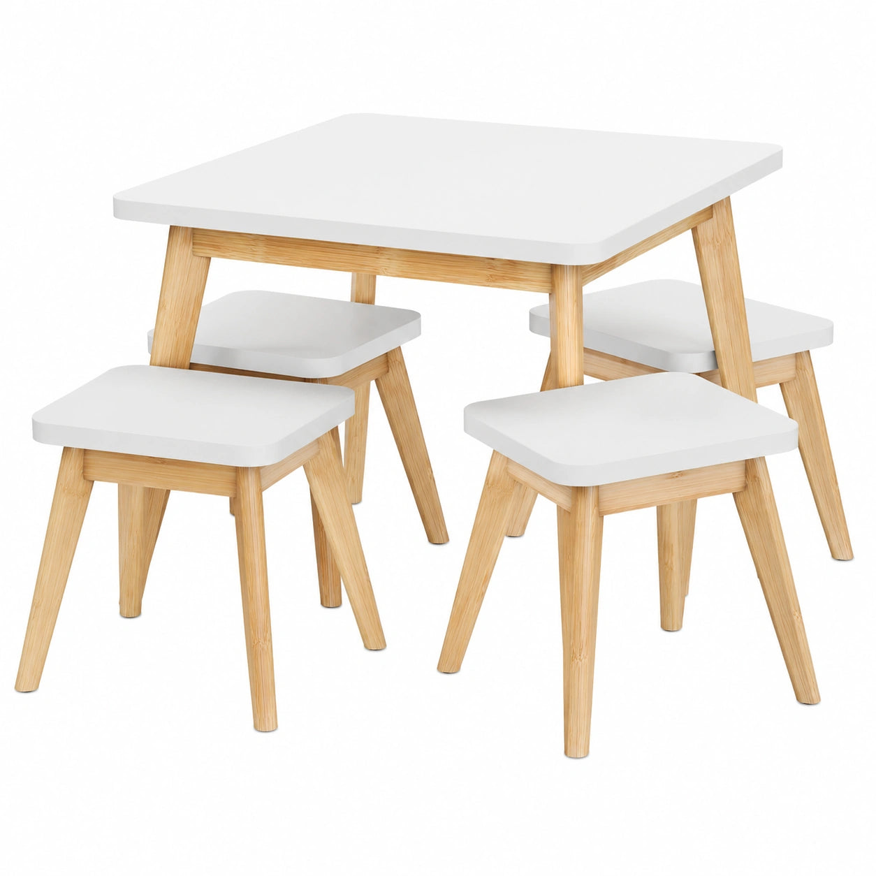 Kinder-Sitzgruppe 5-teilig, Tisch mit 4 Hockern, für Mädchen & Jungen, Weiß/Natur