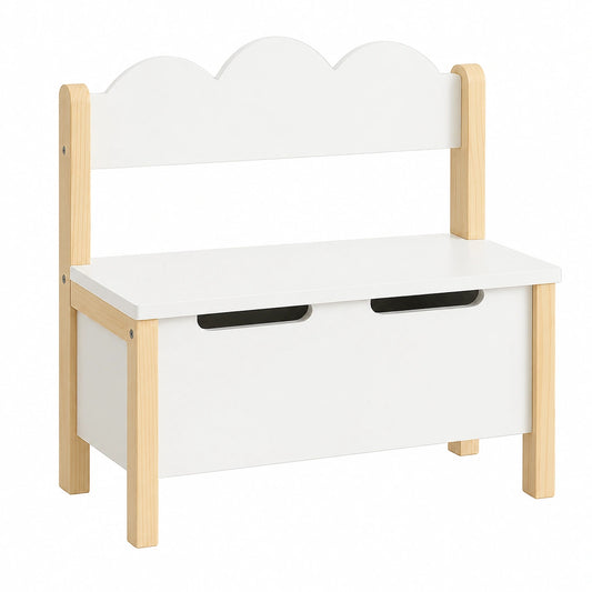 Kindersitzbank mit Stauraum, ergonomische Rückenlehne, 60 x 60 x 25 cm, Holz, Weiß/Natur