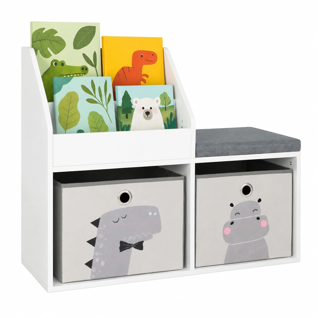 Kinderbank mit Stauraum und Tiermotiven, 2-in-1 Bücherregal und Sitzpolster, Weiß/Grau