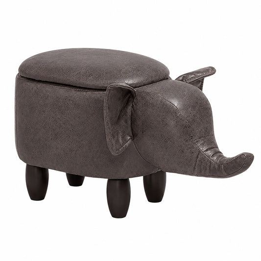 Kinderhocker Elefant aus Kunstleder, grau mit Stauraum und Holzbeinen
